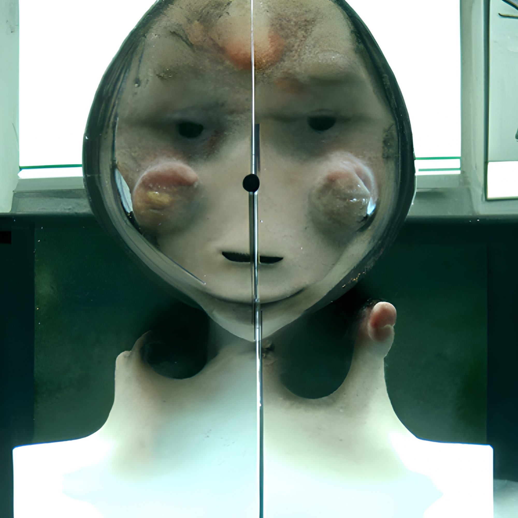 A square digital image of a distorted humanoid face. It looks at the camera straight on, with a line down the centre, suggestive of the gap between mirror cabinet doors. Their upper body is made of moulded proportions that curve in waves, supporting the round and rippling face at a point beneath the chin where the hair moulds round on both sides to meet at the neck. 